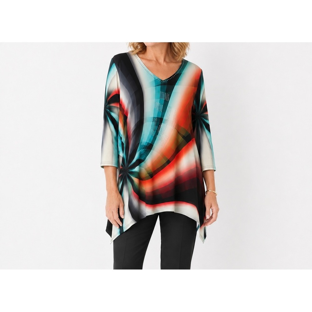 Valentina Women Abstract Geometric Rhinestone V-Neck Sharkbite Tunic Top Medium